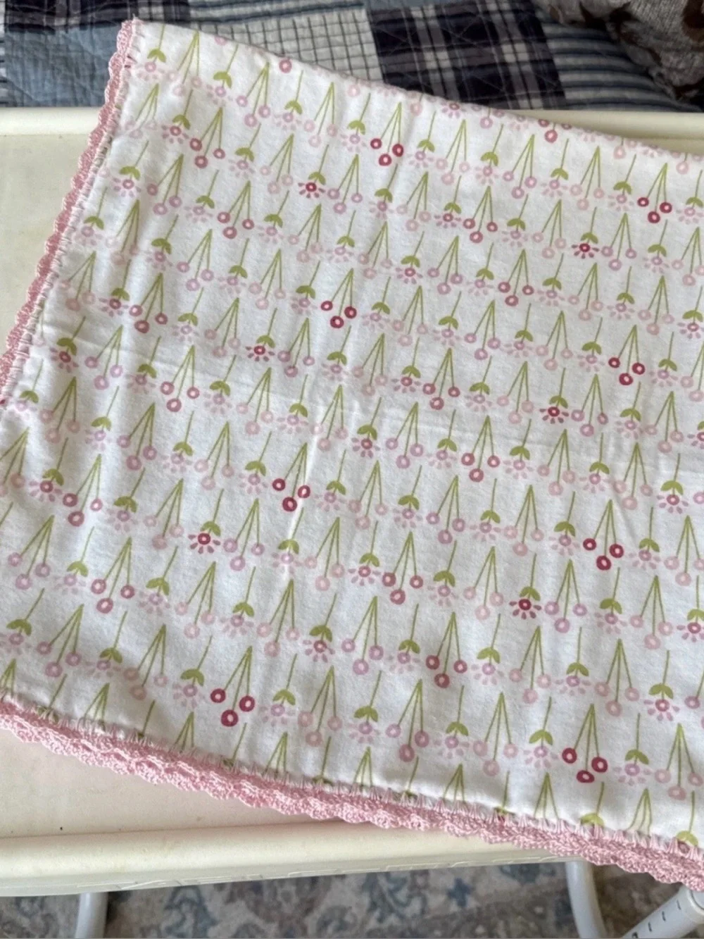 Soft White Baby Blanket with Pink & Green Floral Print 30 x 30 in